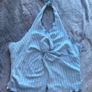 Light Blue Knit Halter Twist Front Tank Top